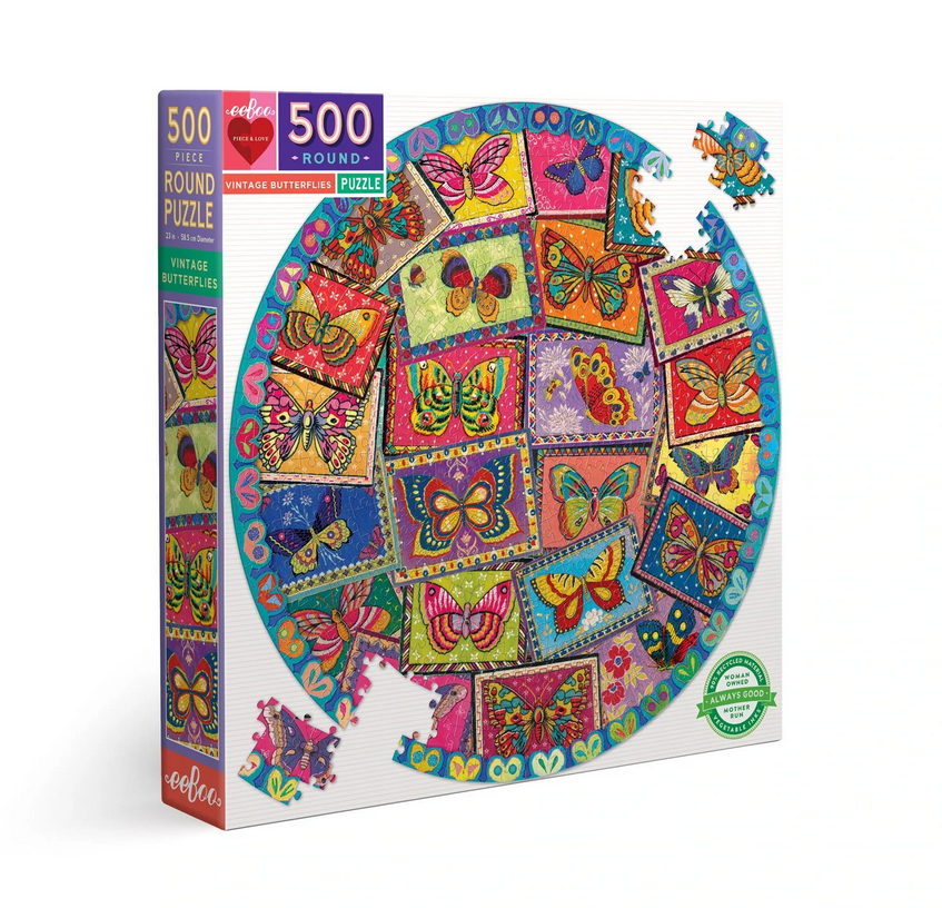 Vintage Butterflies 500 Pc Round Puzzle
