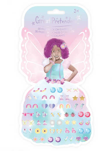 blister package or fairy with 30 sets of stick-on earrings for children in rainbow, flower, bug, and other whimsical designs on her skirt