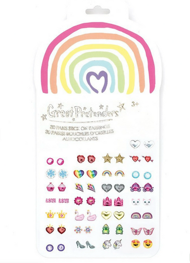 30 pairs of stick on earrings! A different pair everyday of the month. Achieve the pierced ear look without having your ears pierced with these fun animal, unicorn and glitter earrings. Hearts, stars, rainbows and so much more!
