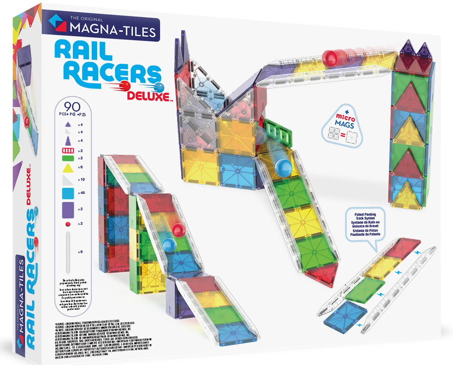 Magna-Tiles Rail Racers Deluxe set with colorful tracks and packaging on a white background