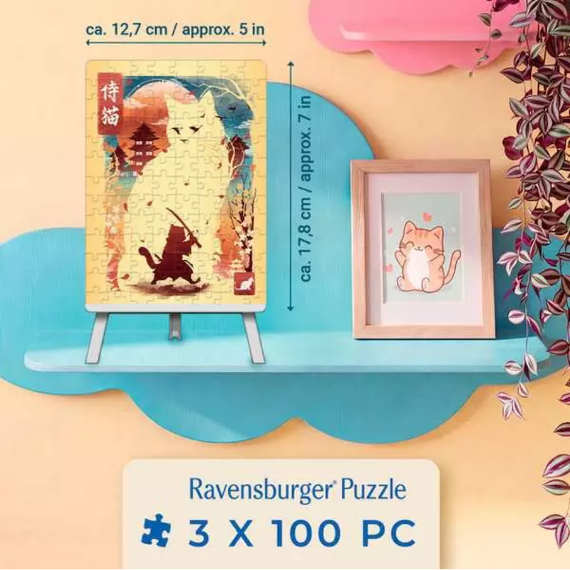 Ukiyo-E Cat Warrior, Red Panda & Dragon 3 x 100 Pc Puzzles