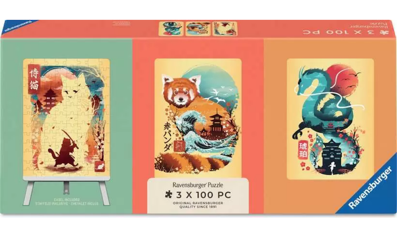 Ukiyo-E Cat Warrior, Red Panda & Dragon 3 x 100 Pc Puzzles
