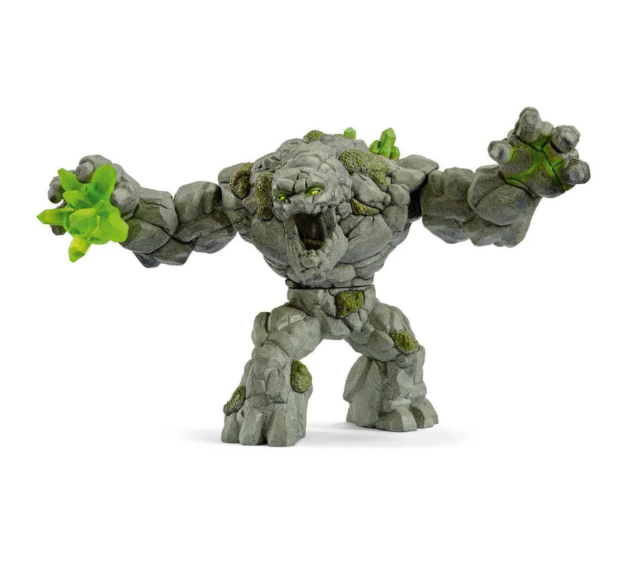 Rock-like creature figurine with green accents on a white background