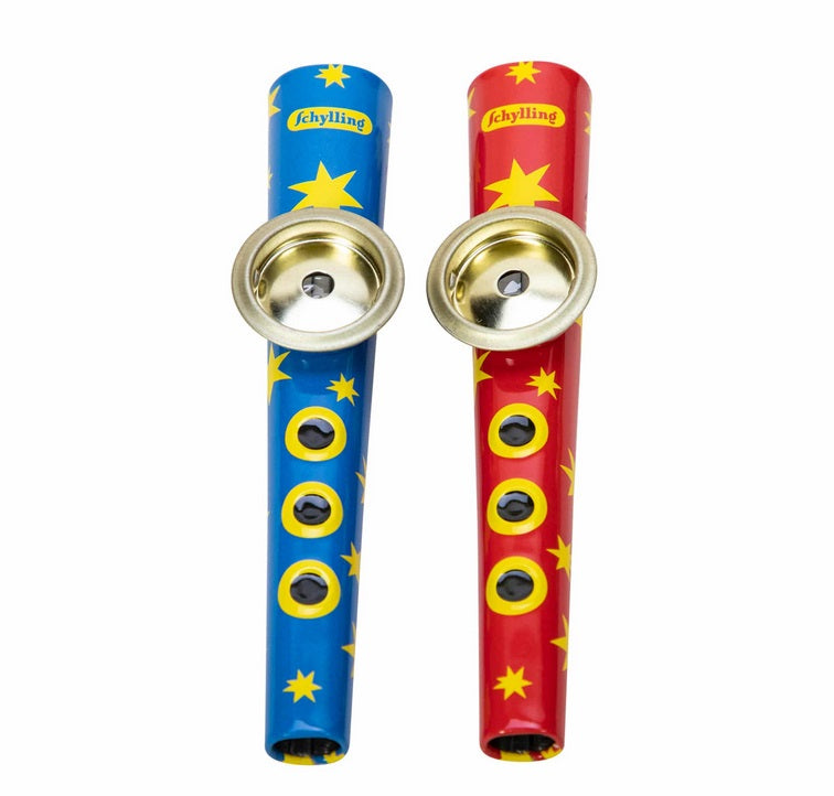 Blue tin kazoo with yellow stars on left. Red tin kazoo with yellow stars on the right